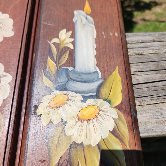 Vintage Hand Painted Floral & Candle Wood Wall Decor Set Farmhouse, Country, Rus - Picture 6 of 11